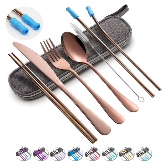 Travel Utensils Set with Case Reusable Portable Cutlery Set Stainless Steel 8pcs Including Dinner Knife Fork Spoon Chopsticks straws(Rose Gold)