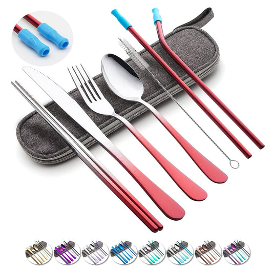 Travel Utensils Set with Case Reusable Portable Cutlery Set Stainless Steel 8pcs Including Dinner Knife Fork Spoon Chopsticks straws (Gradient Red)