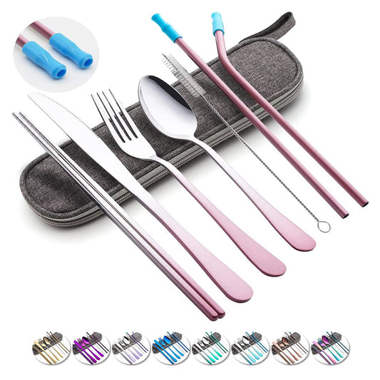 Travel Utensils Set with Case Reusable Portable Cutlery Set Stainless Steel 8pcs Including Dinner Knife Fork Spoon Chopsticks straws(Gradient Pink)