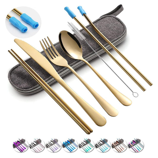Travel Utensils Set with Case Reusable Portable Cutlery Set Stainless Steel 8pcs Including Dinner Knife Fork Spoon Chopsticks straws(Gold)