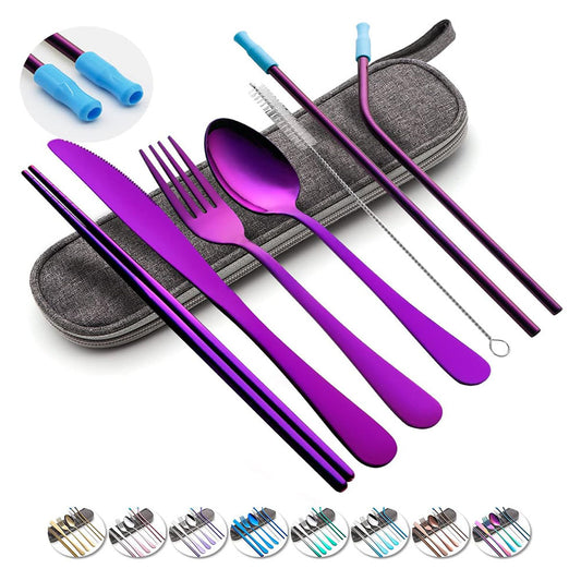 Travel Utensils Set with Case Reusable Portable Cutlery Set Stainless Steel 8pcs Including Dinner Knife Fork Spoon Chopsticks straws (Purple)
