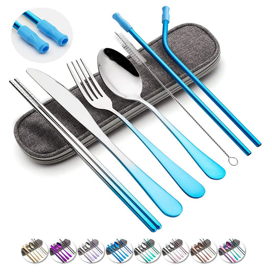 Travel Utensils Set with Case Reusable Portable Cutlery Set Stainless Steel 8pcs Including Dinner Knife Fork Spoon Chopsticks straws(Gradient Blue)