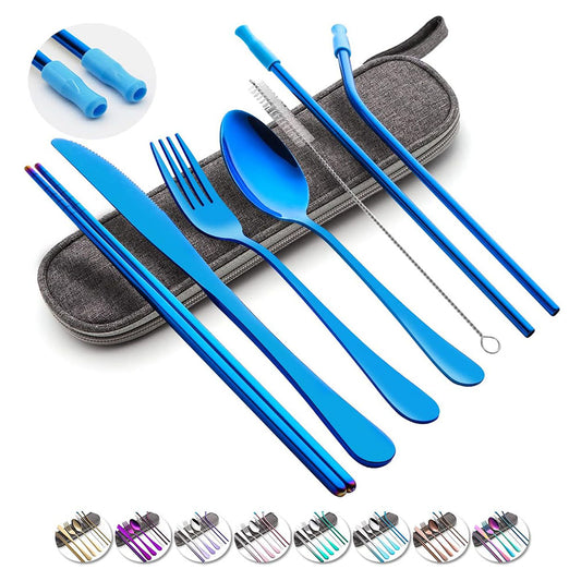 Travel Utensils Set with Case Reusable Portable Cutlery Set Stainless Steel 8pcs Including Dinner Knife Fork Spoon Chopsticks straws(Blue)