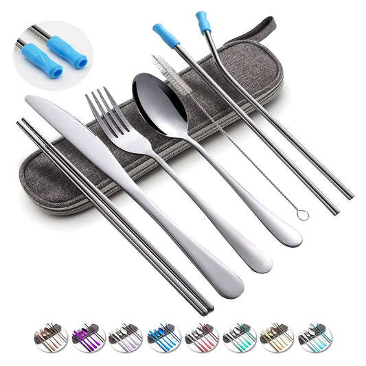 Travel Utensils Set with Case Reusable Portable Cutlery Set Stainless Steel 8pcs Including Dinner Knife Fork Spoon Chopsticks Straws(Silver)