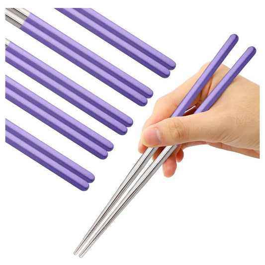Stainless Steel Chopsticks Reusable Multicolor Lightweight 304 Metal Chopsticks Dishwasher Safe - 5 Pairs (Purple)