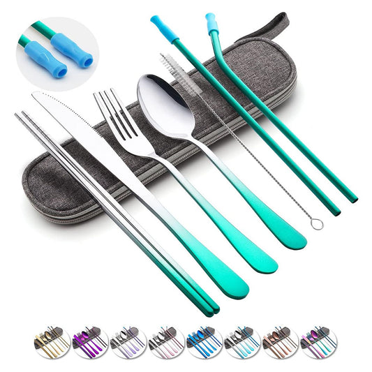Travel Utensils Set with Case Reusable Portable Cutlery Set Stainless Steel 8pcs Including Dinner Knife Fork Spoon Chopsticks straws(Gradient Green)