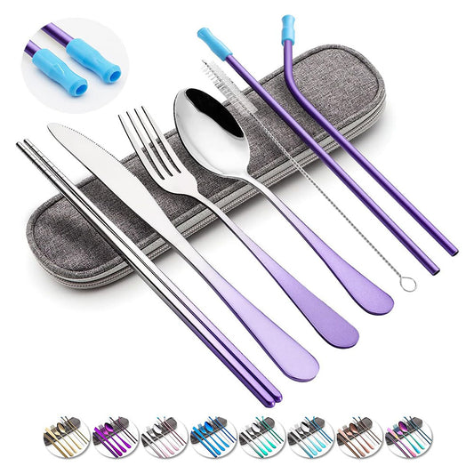 Travel Utensils Set with Case Reusable Portable Cutlery Set GICUNK Stainless Steel 8pcs Including Dinner Knife Fork Spoon Chopsticks straws (Gradient Purple)