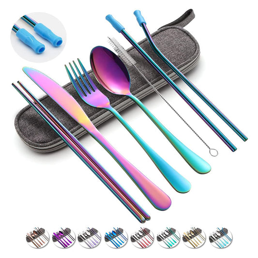 Travel Utensils Set with Case Reusable Portable Cutlery Set Stainless Steel 8pcs Including Dinner Knife Fork Spoon Chopsticks Straws(Rainbow)
