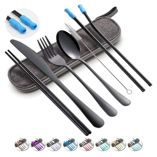 Travel Utensils Set with Case Reusable Portable Cutlery Set Stainless Steel 8pcs Including Dinner Knife Fork Spoon Chopsticks straws(Black)