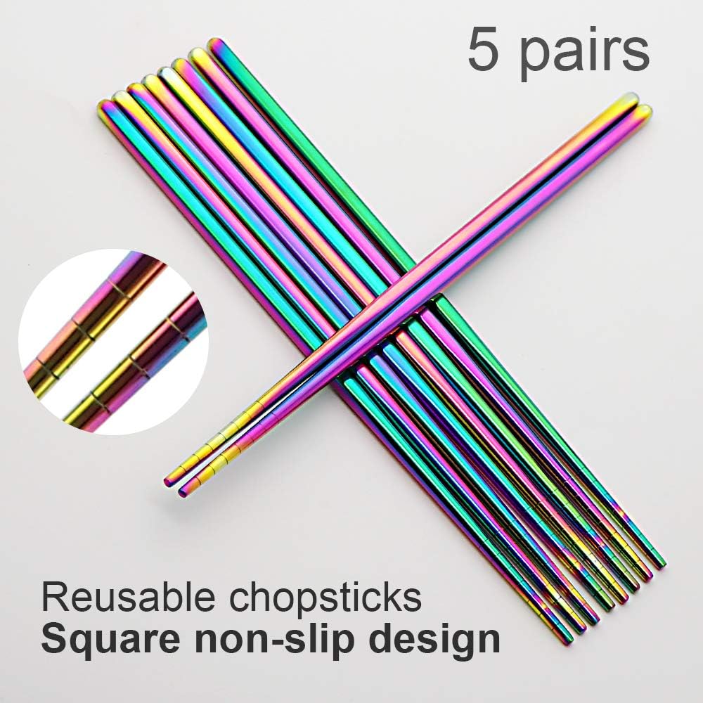 Stainless Steel Chopsticks GICUNK Reusable Multicolor Lightweight 304 Metal Chopsticks Dishwasher Safe - 5 Pairs (Rainbow)