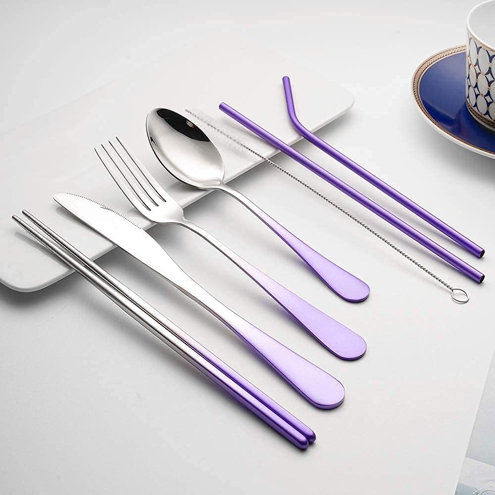 Travel Utensils Set with Case Reusable Portable Cutlery Set GICUNK Stainless Steel 8pcs Including Dinner Knife Fork Spoon Chopsticks straws (Gradient Purple)