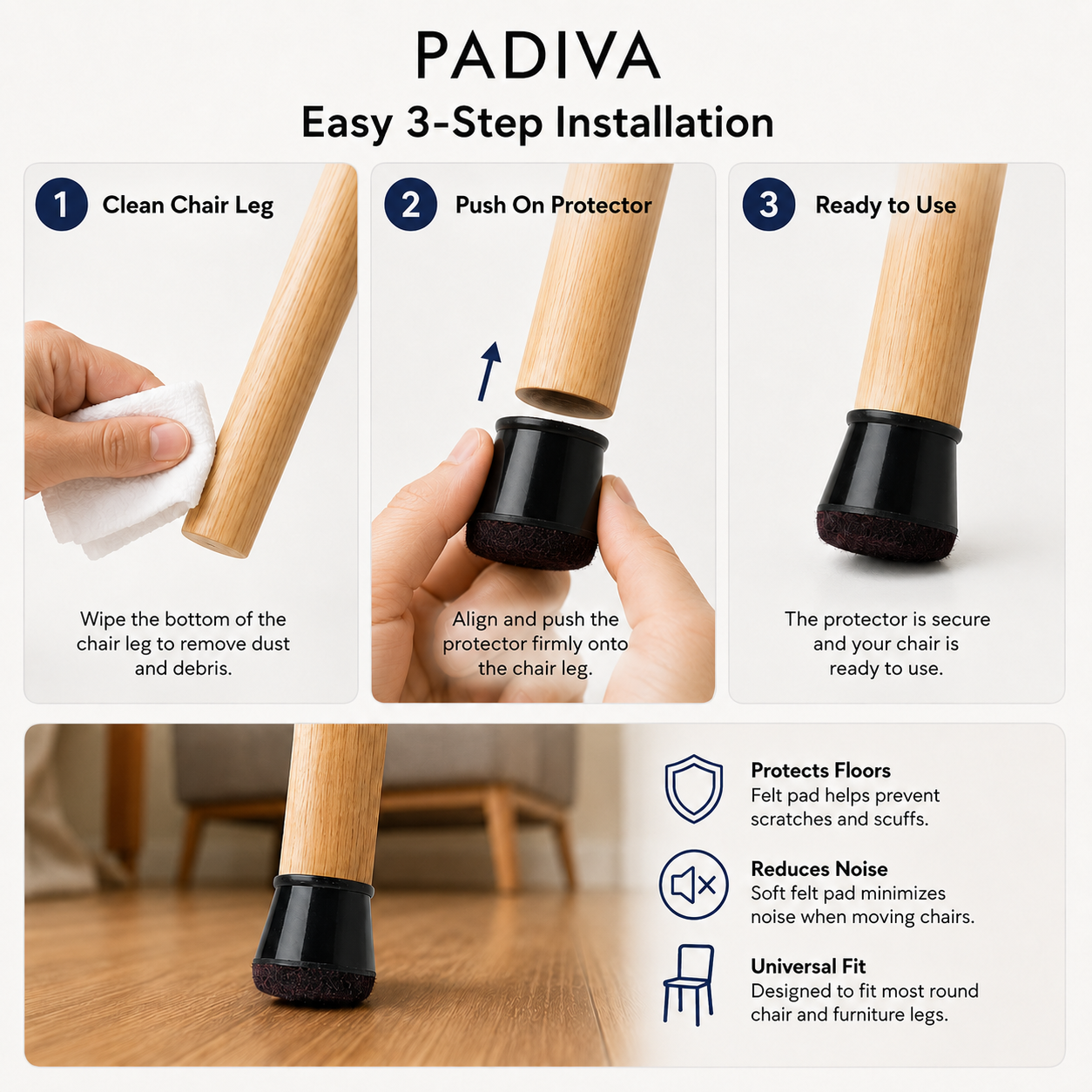 PADIVA Chair Leg Floor Protectors, 16 Pack Silicone Furniture Pads for Hardwood Floors, Anti-Scratch Furniture Sliders Felt Pads, Noise-Reducing Chair Feet Covers, Table Legs Fit Sizes to(15-20mm)