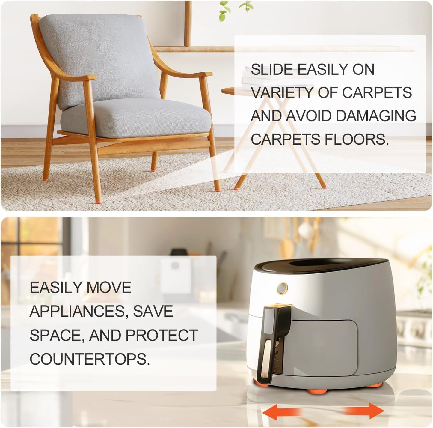 Furniture Sliders 20 PCS, Furniture Moving Sliders with 3M Adhesive for Carpets & Hardwood Floors, Chair Leg Floor Protectors, Move Your Furniture and Kitchen Appliance Easily - Orange