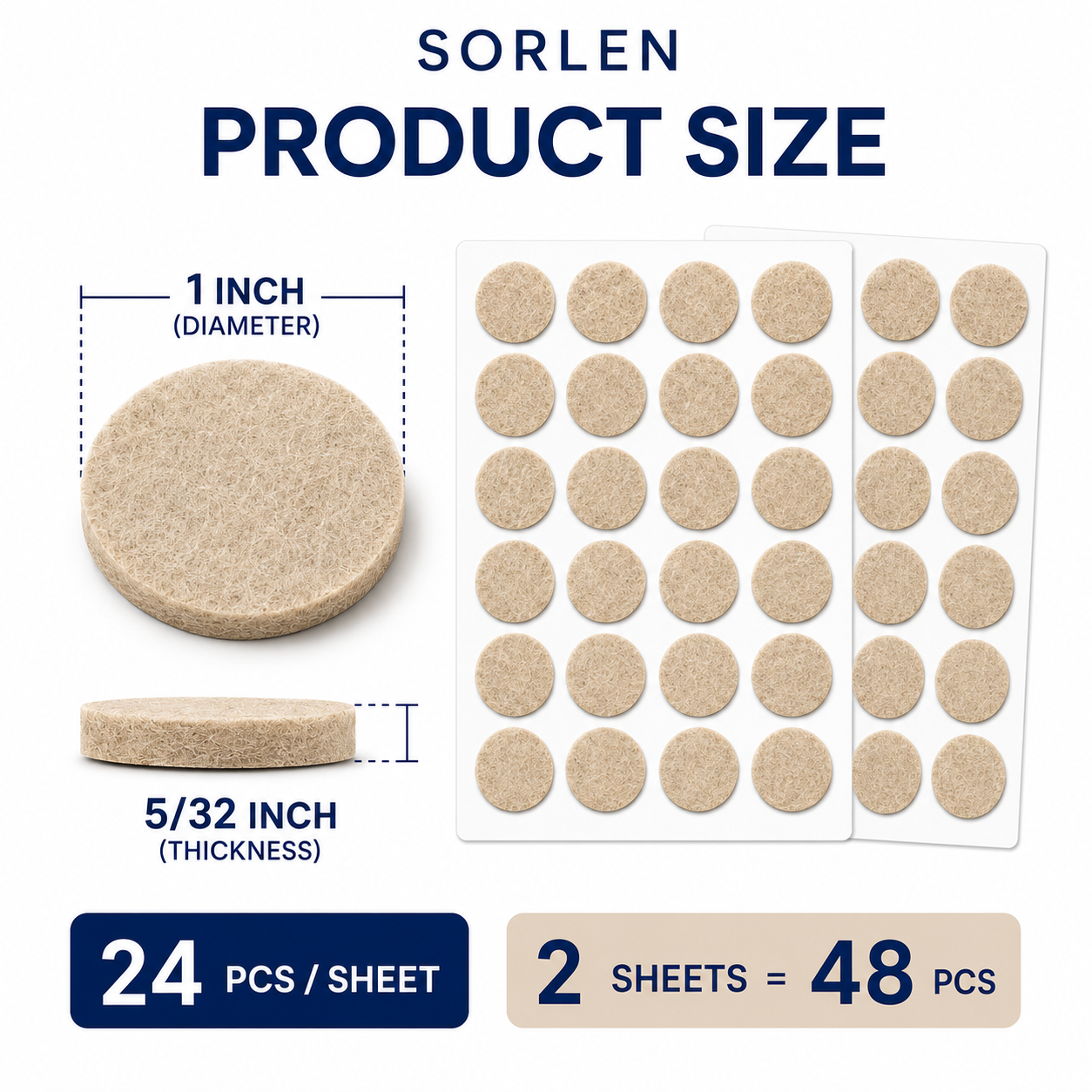 SORLEN 48 Pack Furniture Felt Pads, 1 Inch Round Self-Adhesive Chair Leg Floor Protectors, Beige Felt Pads for Hardwood, Tile, Laminate and Wood Floors