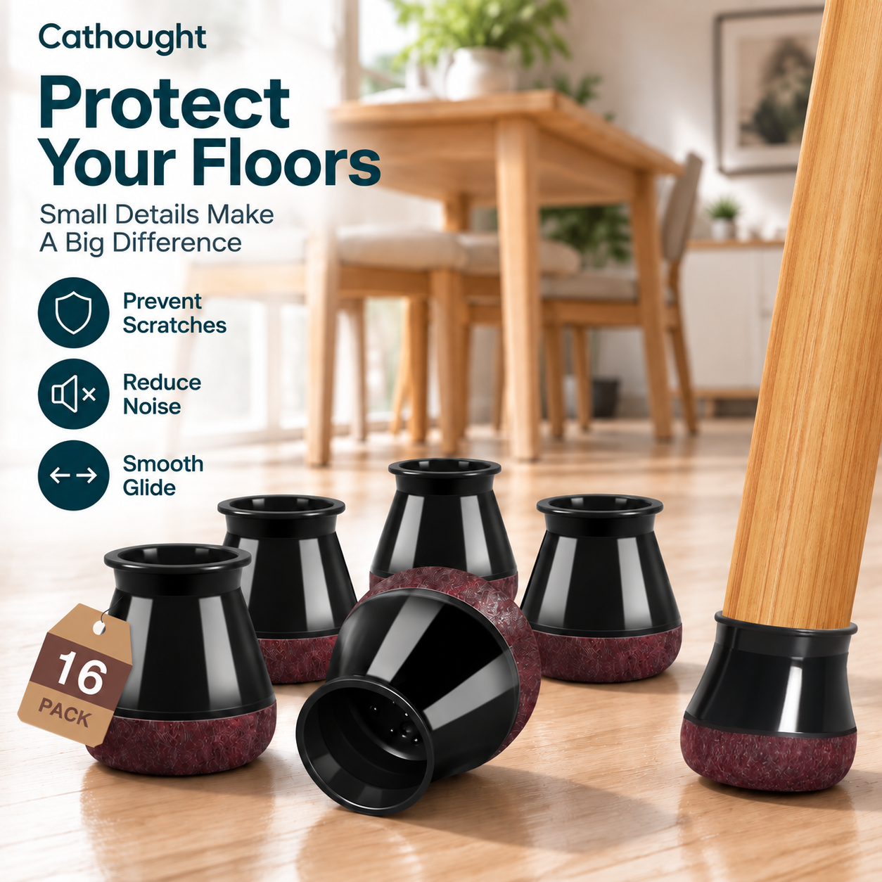 Cathought Chair Leg Floor Protectors, 16PCS Furniture Leg Caps with Felt Pads, Anti Scratch & Noise Reduction Chair Feet Covers, No Adhesive Stretch Fit for Chairs and Tables, Hardwood Tile Laminate Floors