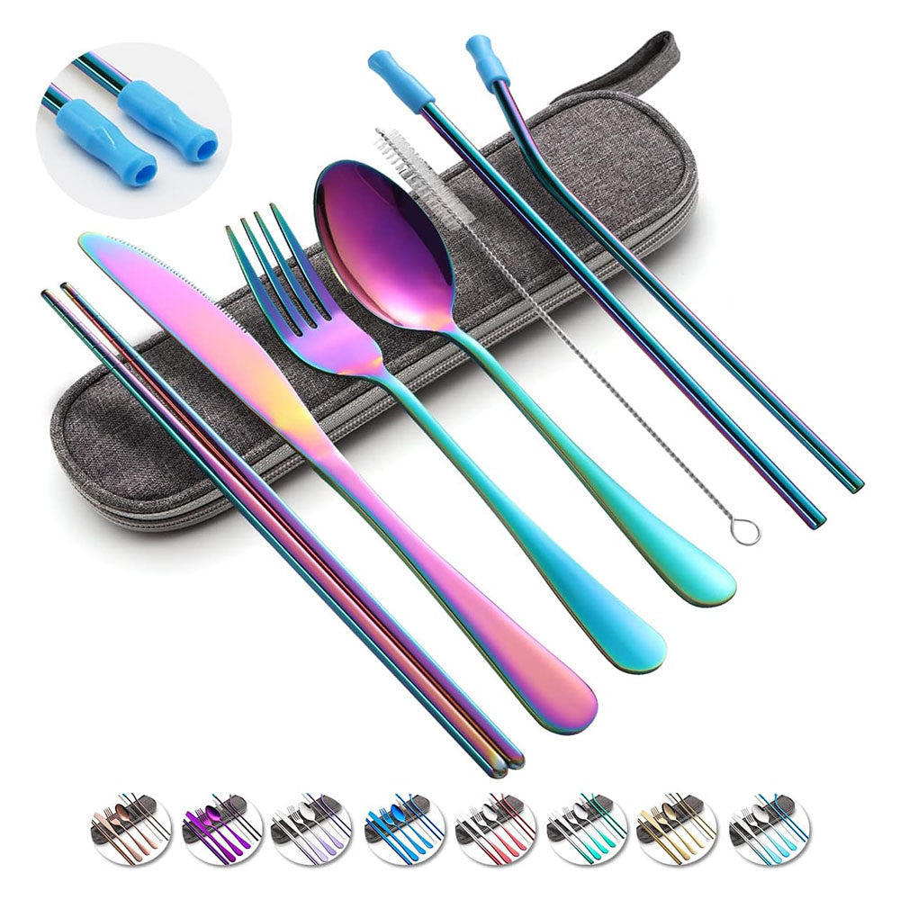 Travel Utensils Set with Case Reusable Portable Cutlery Set Stainless Steel 8pcs Including Dinner Knife Fork Spoon Chopsticks Straws(Rainbow)