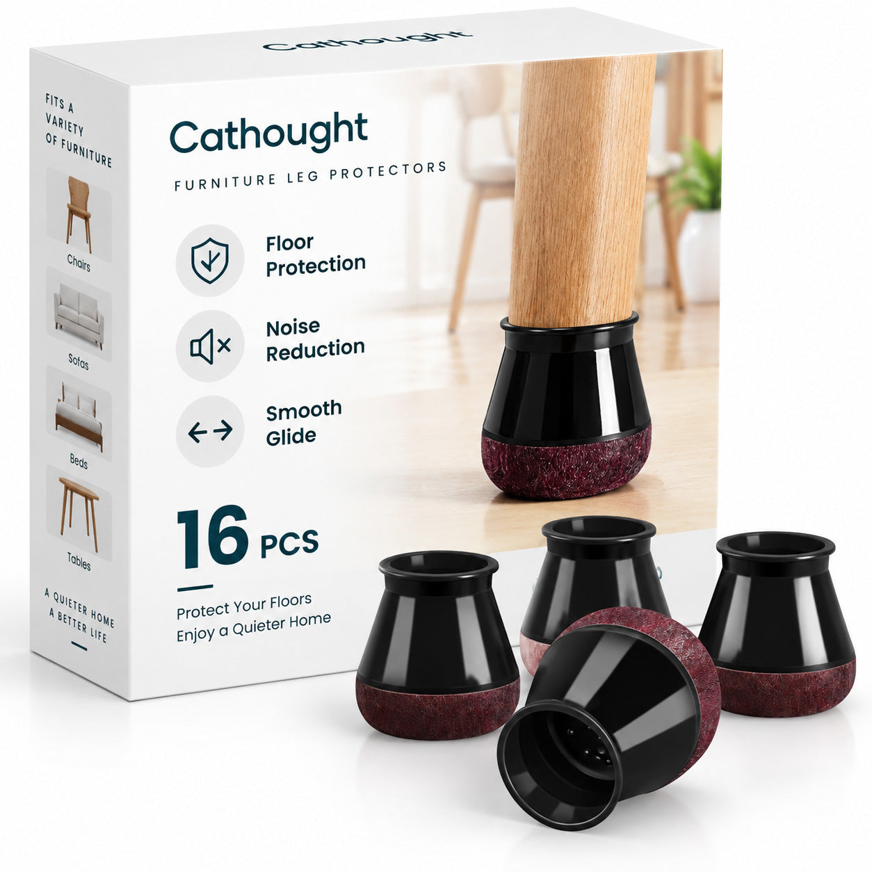 Cathought Chair Leg Floor Protectors, 16PCS Furniture Leg Caps with Felt Pads, Anti Scratch & Noise Reduction Chair Feet Covers, No Adhesive Stretch Fit for Chairs and Tables, Hardwood Tile Laminate Floors