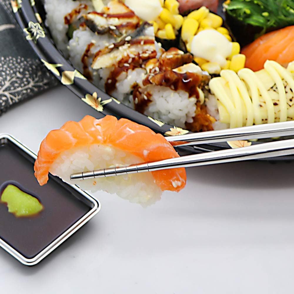 Stainless Steel Chopsticks 5 Pairs Reusable Multicolor Lightweight 304 Metal Chopsticks Square Lightweight Non-Slip Chop Sticks Dishwasher Safe Gift Set(Silver)