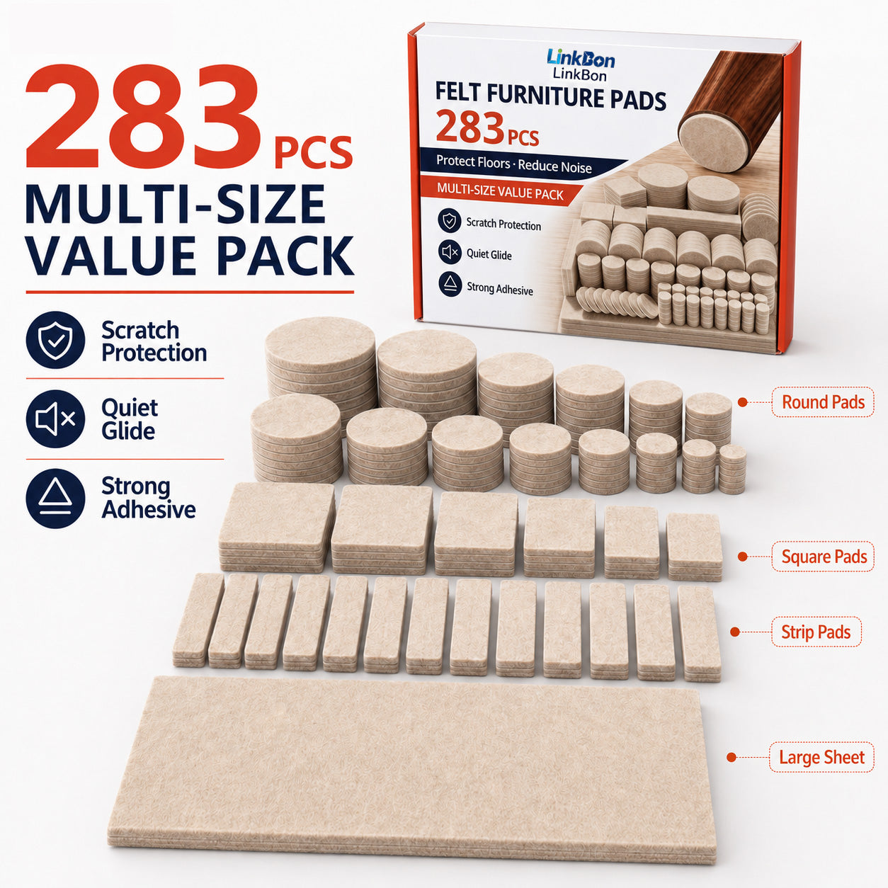 LinkBon 283 PCS Felt Furniture Pads, Self Adhesive Furniture Felt Pads for Hardwood Floors, Thick Felt Floor Protectors for Chair Legs, Table & Cabinet Feet, Anti Scratch Noise Reduction Pads, Beige