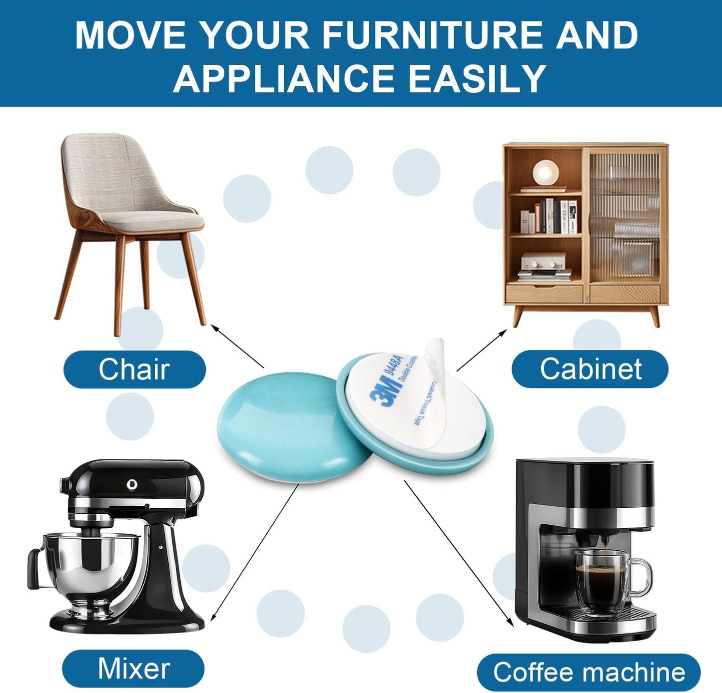 Furniture Sliders 20 PCS, Furniture Moving Sliders with 3M Adhesive for Carpets & Hardwood Floors, Chair Leg Floor Protectors, Move Your Furniture and Kitchen Appliance Easily - Blue