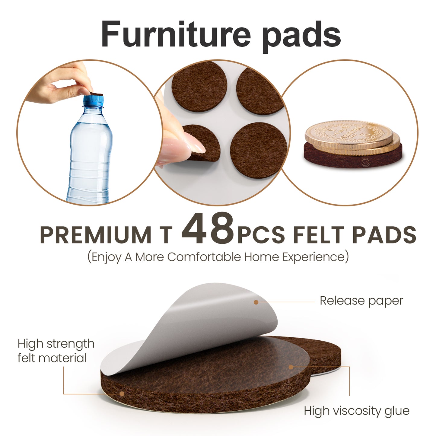 Felt Furniture Pads 48 PCS ,  Furniture Sliders, Chair Leg Floor Protectors for Hardwood Floors, Cabinet Bumpers, Reduce Noise and Anti Scratch(Brown)