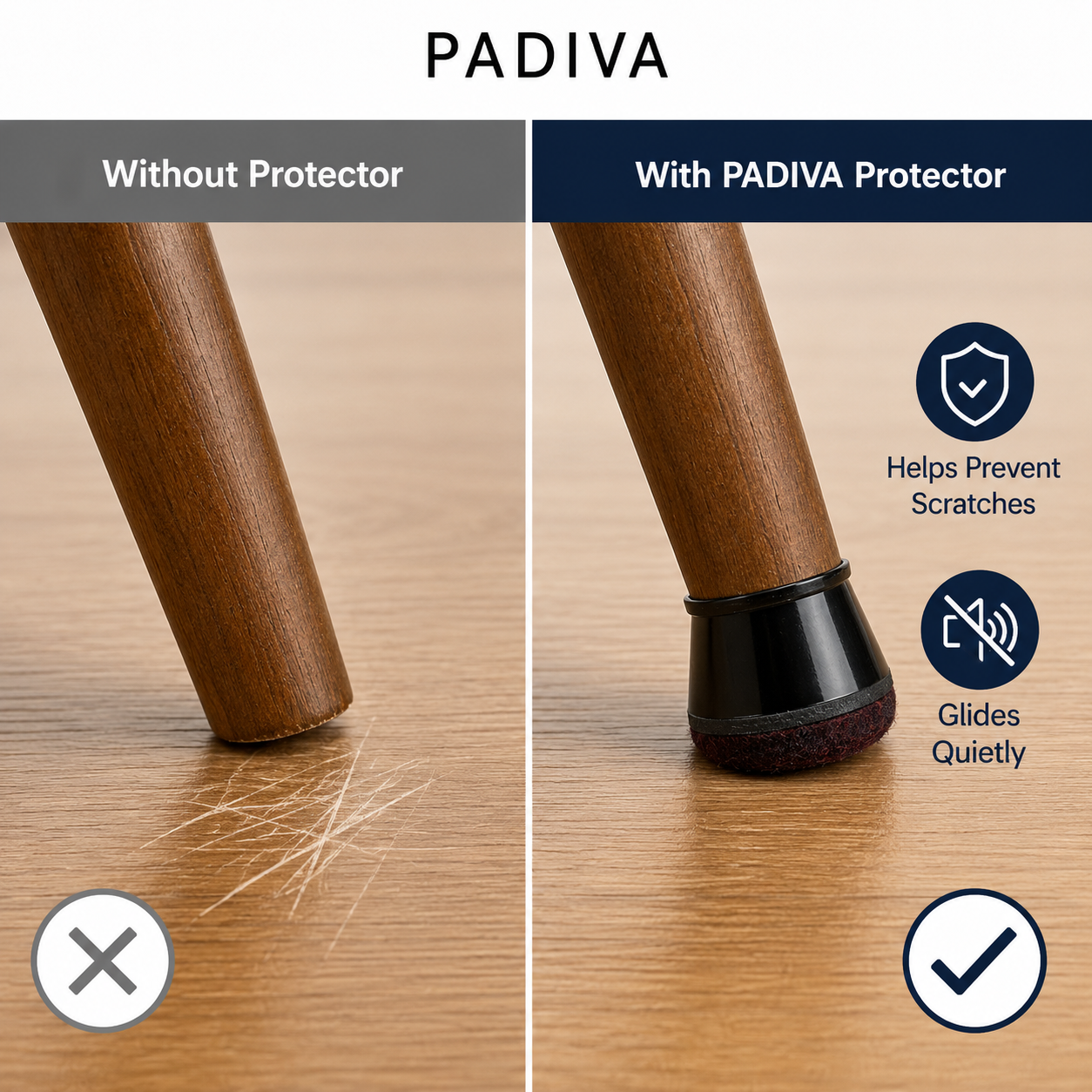 PADIVA Chair Leg Floor Protectors, 16 Pack Silicone Furniture Pads for Hardwood Floors, Anti-Scratch Furniture Sliders Felt Pads, Noise-Reducing Chair Feet Covers, Table Legs Fit Sizes to(15-20mm)