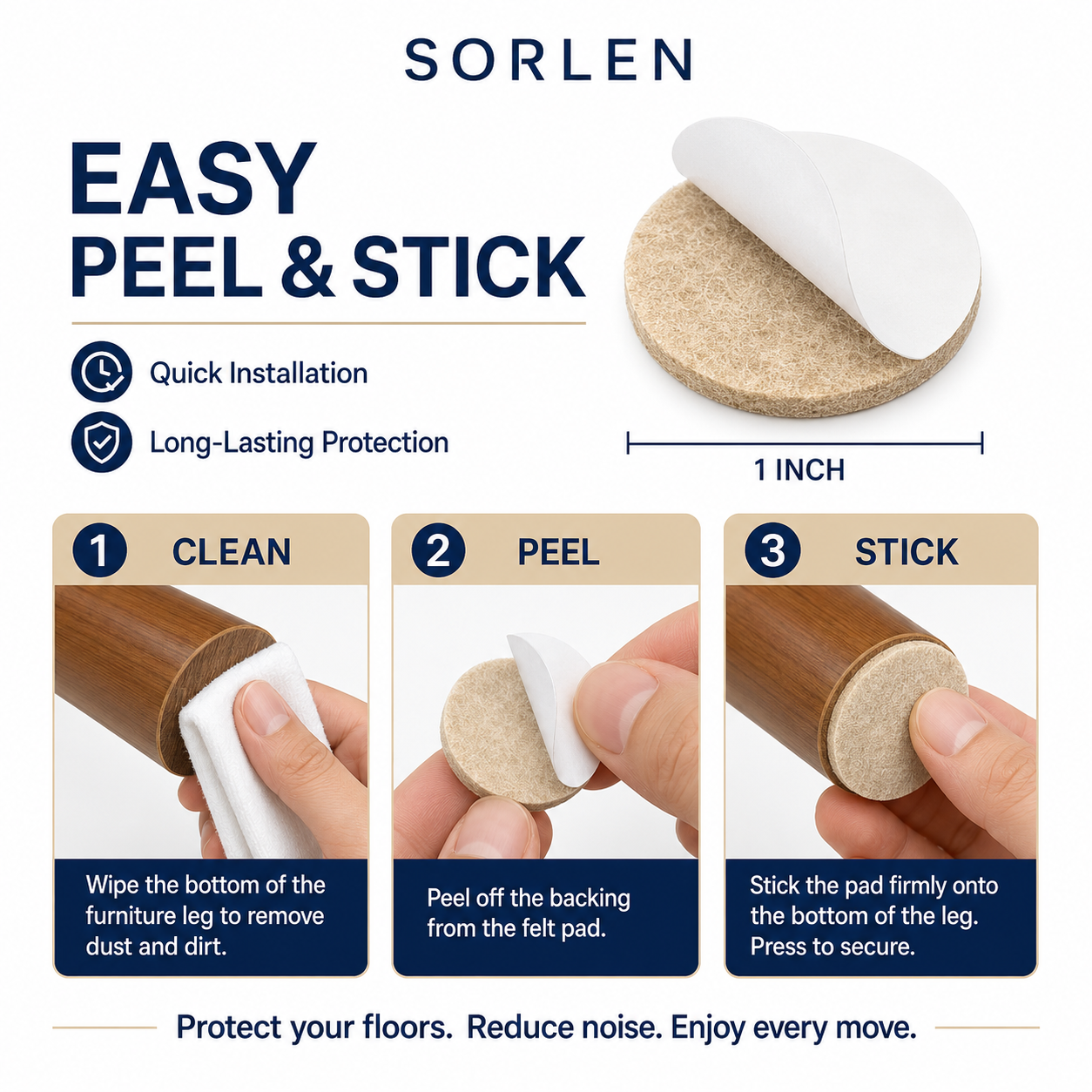 SORLEN 48 Pack Furniture Felt Pads, 1 Inch Round Self-Adhesive Chair Leg Floor Protectors, Beige Felt Pads for Hardwood, Tile, Laminate and Wood Floors