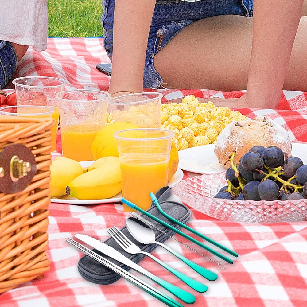 Travel Utensils Set with Case Reusable Portable Cutlery Set Stainless Steel 8pcs Including Dinner Knife Fork Spoon Chopsticks straws(Gradient Green)