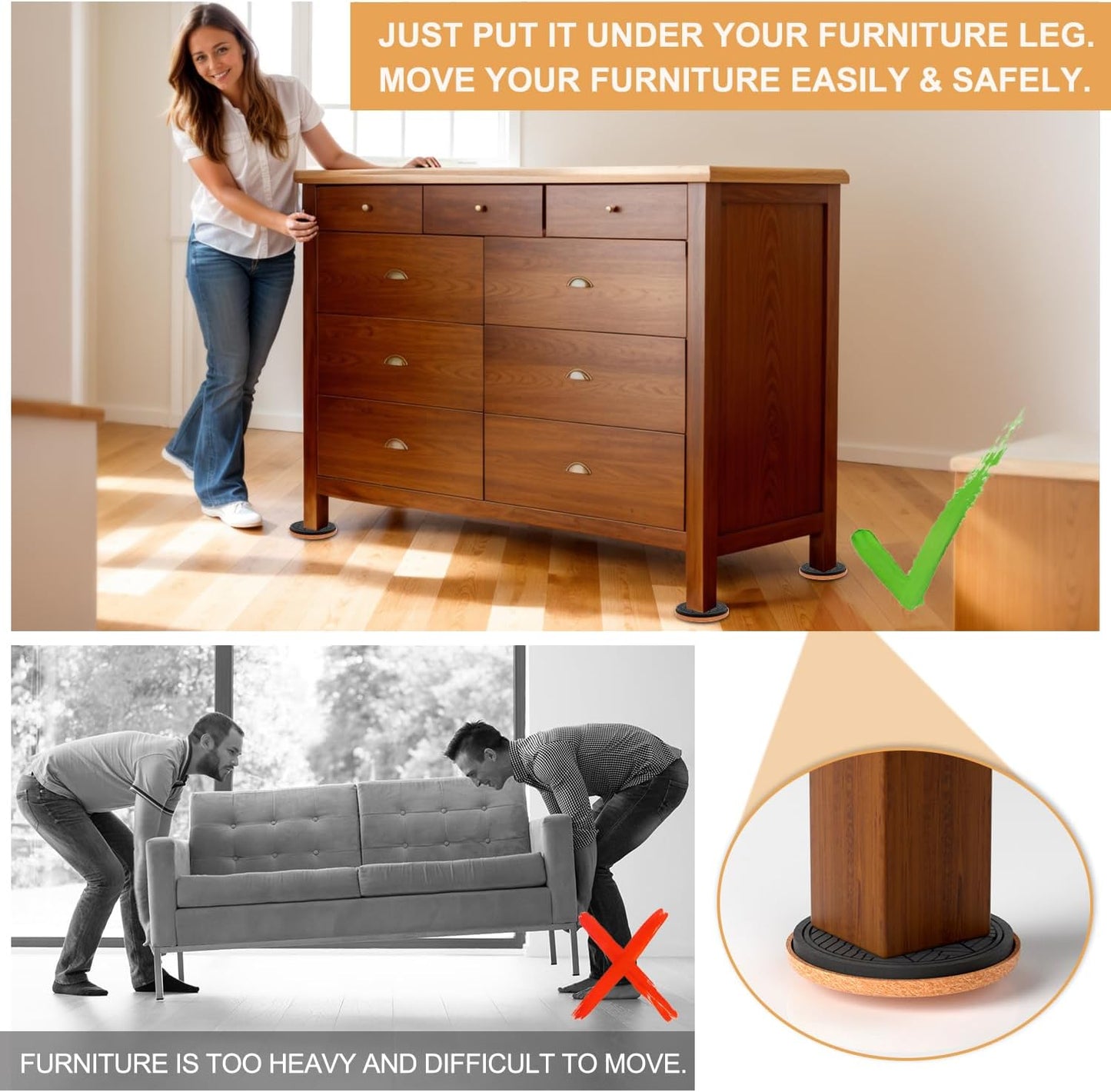 Felt Furniture Sliders for Hardwood Floors, Furniture Pads for Wood Floors, Furniture Movers for Heavy Duty Furniture, Move Furniture Easily