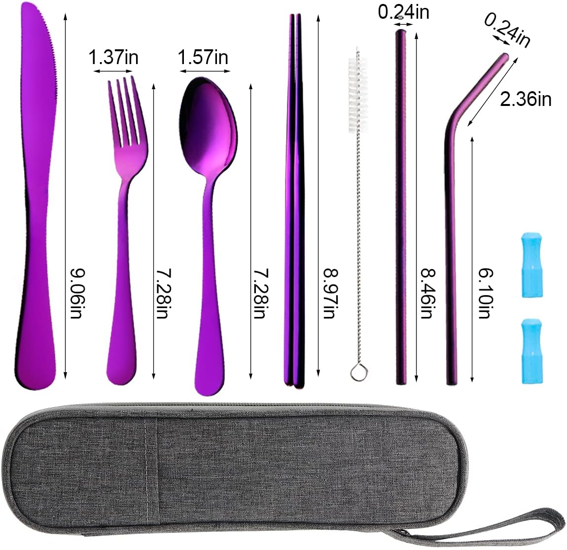 Travel Utensils Set with Case Reusable Portable Cutlery Set Stainless Steel 8pcs Including Dinner Knife Fork Spoon Chopsticks straws (Purple)