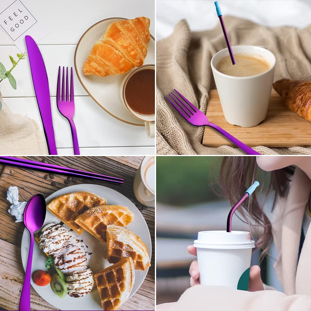 Travel Utensils Set with Case Reusable Portable Cutlery Set Stainless Steel 8pcs Including Dinner Knife Fork Spoon Chopsticks straws (Purple)