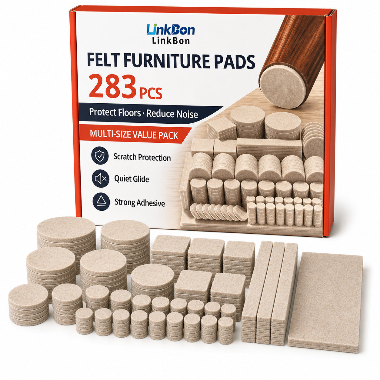 LinkBon 283 PCS Felt Furniture Pads, Self Adhesive Furniture Felt Pads for Hardwood Floors, Thick Felt Floor Protectors for Chair Legs, Table & Cabinet Feet, Anti Scratch Noise Reduction Pads, Beige