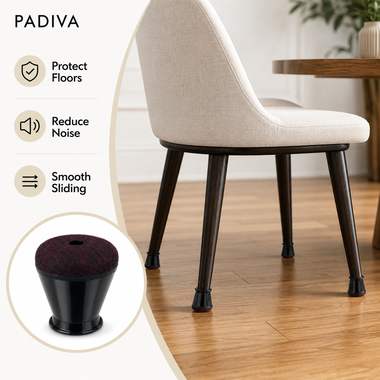 PADIVA Chair Leg Floor Protectors, 16 Pack Silicone Furniture Pads for Hardwood Floors, Anti-Scratch Furniture Sliders Felt Pads, Noise-Reducing Chair Feet Covers, Table Legs Fit Sizes to(15-20mm)