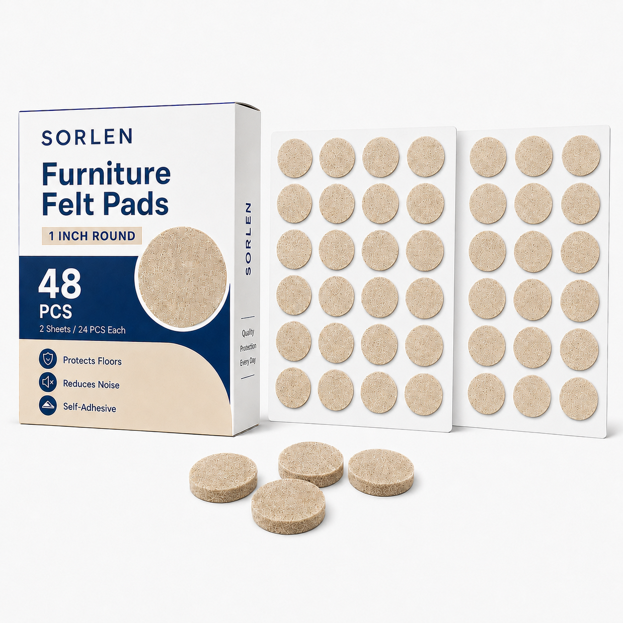 SORLEN 48 Pack Furniture Felt Pads, 1 Inch Round Self-Adhesive Chair Leg Floor Protectors, Beige Felt Pads for Hardwood, Tile, Laminate and Wood Floors